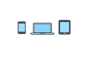Minimalist vector illustration featuring a mobile phone, a portable laptop, and a digital tablet with glowing blue screens isolated on a dark black background.