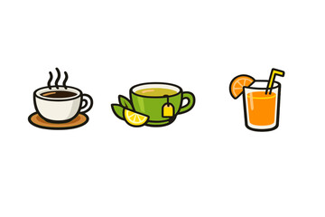 Three stylized beverage icons featuring a steaming cup of coffee, a green tea cup with a lemon slice and tea bag, and a glass of orange juice with a straw on a black background.