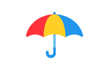 A vibrant flat illustration of an umbrella with red, yellow, and blue canopy sections. The object features a curved blue handle and is centered against a solid black background.