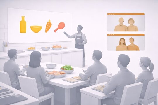 Minimal 3D illustration of professionals sitting at a table with colorful idea cards and a box in the center, while virtual profile windows appear above, representing brainstorming and collaboration.