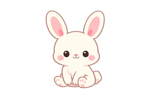 A cute white cartoon rabbit sits facing forward against a solid black background. The illustration features pink inner ears, rosy cheeks, and large dark eyes in a kawaii style.