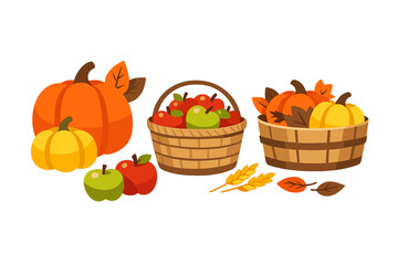 A collection of autumn harvest illustrations featuring orange and yellow pumpkins, red and green apples in a wicker basket, wheat stalks, and fallen leaves on a black background.