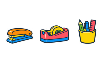 A collection of colorful office supply illustrations including an orange stapler, a red tape dispenser, and a yellow pencil cup with stationery items on a black background.