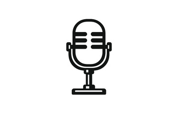 A minimalist black line art icon of a vintage studio microphone with a white outline on a stand, isolated on a dark background. This graphic represents audio recording, radio, and podcasting.
