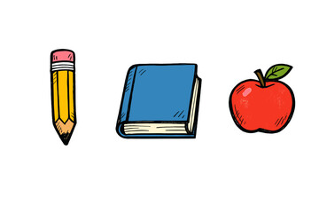 This hand-drawn illustration features a yellow pencil with a pink eraser, a blue book, and a red apple arranged horizontally against a solid black background.