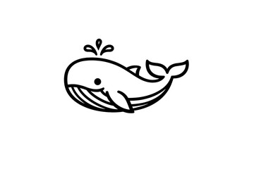 A minimalist line art illustration of a whale with a water spout, featuring clean white outlines on a solid black background. This simple vector graphic depicts a large marine mammal.