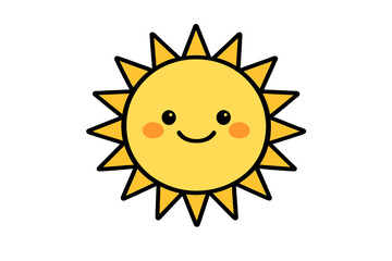 A cheerful yellow sun illustration with a smiling face and orange cheeks is centered on a solid black background. The sun features a simple black outline and sharp triangular rays.