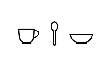 A minimalist line art illustration featuring a cup, a spoon, and a bowl arranged in a row against a solid black background. The simple white outlines create a clean and modern look.