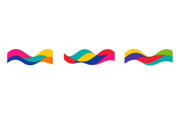A set of three colorful abstract wave designs is presented on a dark background. The flowing shapes use a variety of bright tones like pink, blue, and yellow in a minimalist graphic style.