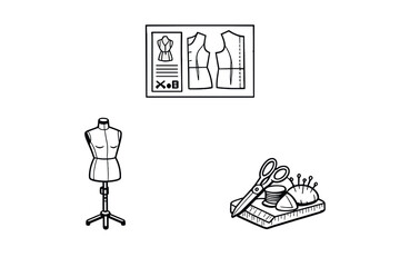 A black and white illustration featuring a dress form mannequin, a sewing pattern diagram, and various tailoring tools like scissors, thread, a pincushion, and a measuring tape.