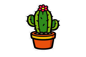 Vibrant cartoon illustration features a green cactus with a small pink flower, sitting in a terracotta-colored pot with a yellow band, set against a dark black background.
