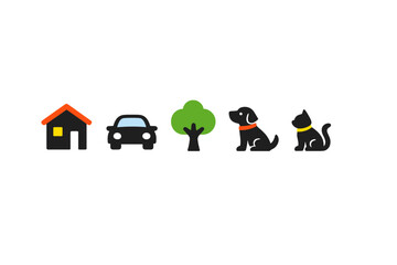 A row of five minimalist icons featuring a house with an orange roof, a black car, a green tree, a black dog with a red collar, and a black cat with a yellow collar on a black background.