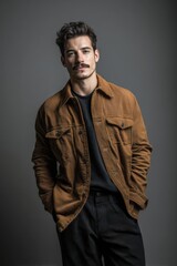 Obraz premium Casual contemporary style: young man with moustache wearing brown jacket and black pants
