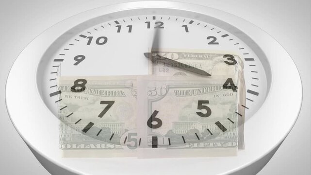 Faint folded bill appearing, round clock rotating hands while bills emerging, showing money growth
