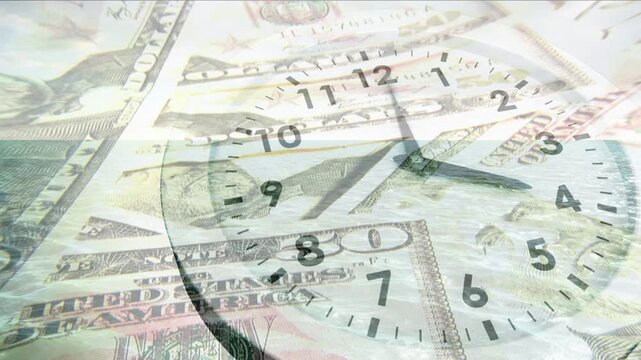 On play start clock rotating over shifting bills and water, showing time eroding money value
