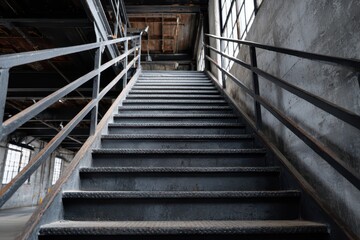 Fototapeta premium Long perspective shot of an iron staircase in an industrial facility, heavy metal architecture
