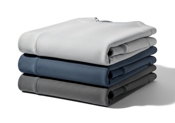 Folded sweatpants in varying shades of gray and blue on a white surface