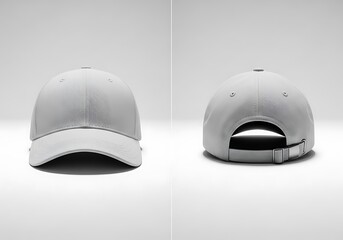 A gray baseball cap displayed from front and back views on a white surface