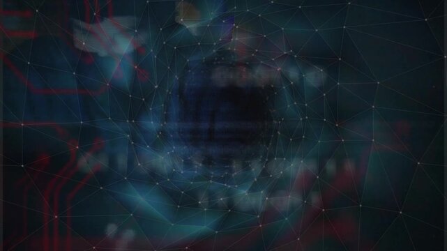 Dark core animating as polygonal mesh rotating nodes pulsing binary drifting inward converging data