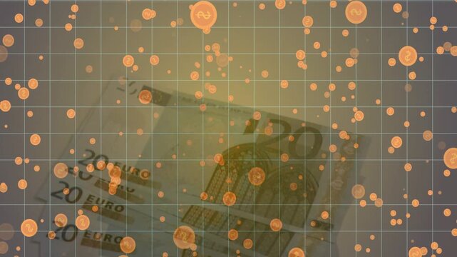 Orange particles rising from frame 3 over grid and banknotes sliding, rotating, revealing 20 EURO