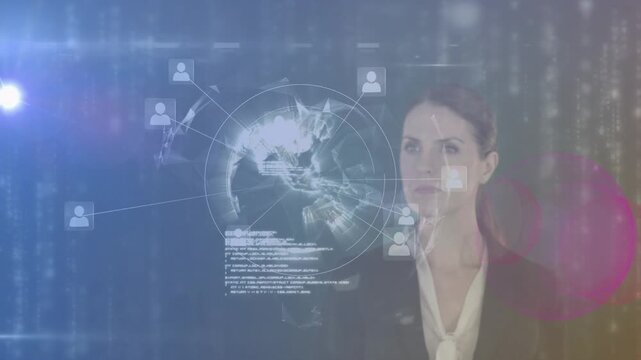 Woman touching holo target, showing in tech studio, materializing globe with network nodes and code