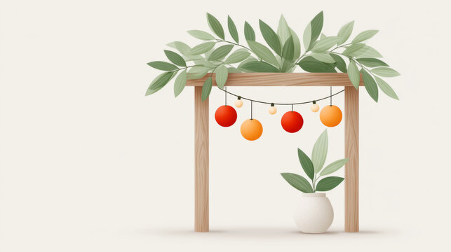 Minimalist sukkah design with palm leaf roof and festive decorations for sukkot holiday