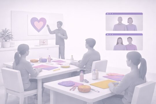 Creative art workshop with heart design and virtual participants