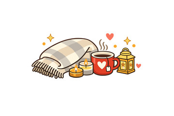 A cozy illustration featuring a folded plaid blanket, two lit candles, a red mug with a heart design, and a small yellow lantern against a black background with stars and hearts.