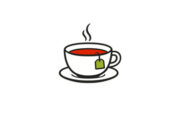 This minimalist graphic shows a white ceramic teacup on a saucer filled with dark tea and a green tea bag. Wisps of steam rise from the cup against a black background.