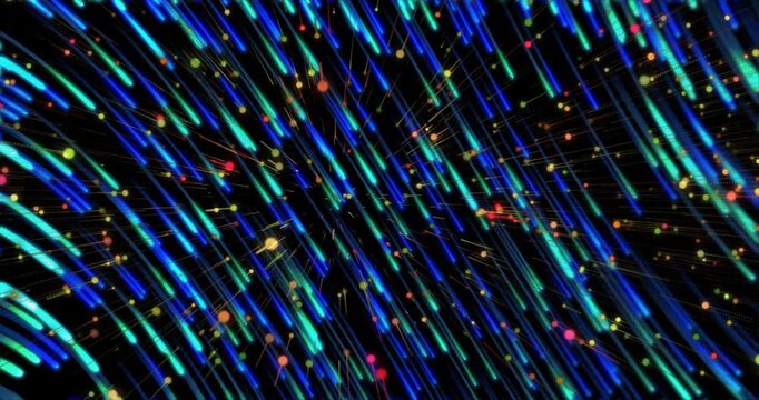 Upper-left pulse activating streaks, cyan blue trails moving lower right, forming net showing flow