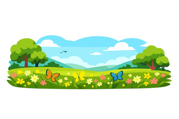 Naklejka premium A vibrant cartoon illustration of a sunny meadow filled with colorful flowers and butterflies, featuring green trees and rolling hills under a bright blue sky with white clouds.