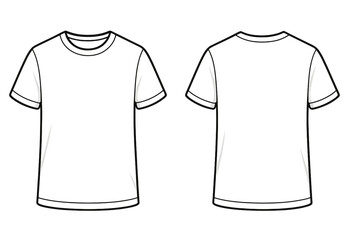 A technical flat sketch of a white short-sleeved t-shirt shown from the front and back views. This vector illustration is a blank template for fashion design and apparel mockups.