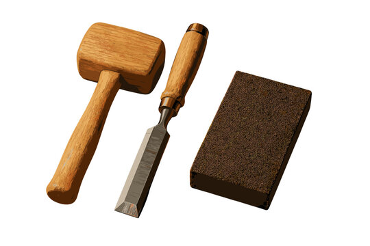 A wooden mallet, a sharp metal chisel with a wooden handle, and a brown sanding block are arranged on a black background. These essential woodworking tools are shown in a clean studio shot.