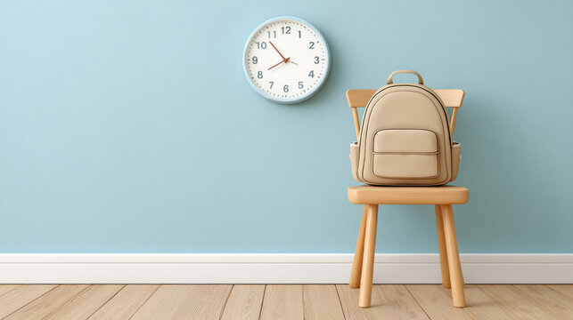 Back to school scene with chair, backpack, and wall clock in minimalist setting