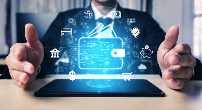 Modern mobile banking concept featuring secure digital wallet interface, contactless NFC payment, and money transfer. Represents safe user financial buy transactions in a cashless society. Corpus