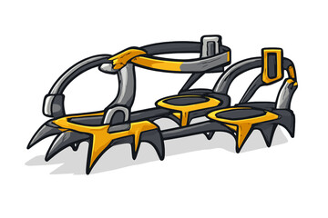 A digital illustration of a pair of black and yellow ice crampons with sharp metal spikes and adjustable straps, isolated on a black background with a soft shadow.