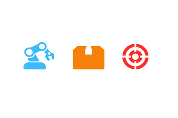 A blue robotic arm, an orange cardboard box, and a red target symbol are arranged in a row on a black background, symbolizing manufacturing, shipping, and accuracy.