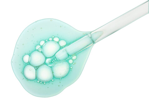 Liquid cool blue gel or serum with pipette glass on white isolated background