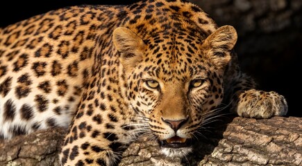 Obraz premium A series of powerful close-ups showcasing a leopard’s intense golden gaze and intricate rosette patterns as it rests its head and heavy paws upon a weathered log.