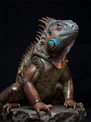 Iridescent Blue Iguana with Golden Scales on Dark Rock Background