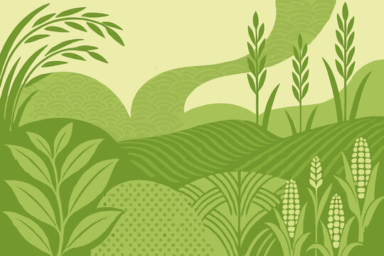 This green graphic illustration depicts a diverse agricultural landscape with stylized crops including corn and wheat stalks set against rolling hills and patterned fields.