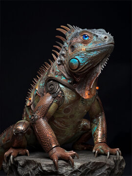 Iridescent Blue Iguana with Golden Scales on Dark Rock Background