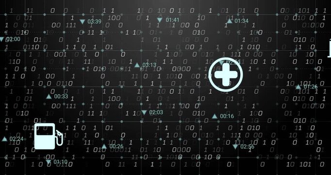 Service icons spawning right, drifting left across binary map, timestamps floating visualizing data