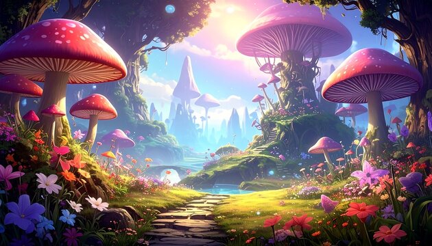 Enchanted Mushroom Forest - A Whimsical Landscape of Fantasy.