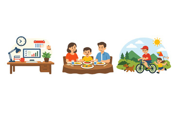 Fototapeta premium Three cartoon illustrations showing a home office desk, a family eating dinner together at a table, and children playing outdoors with a dog on a sunny day in the mountains.