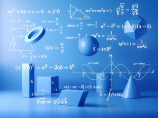 Mathematical formulas and geometric figures background - Math concept - 3d illustration