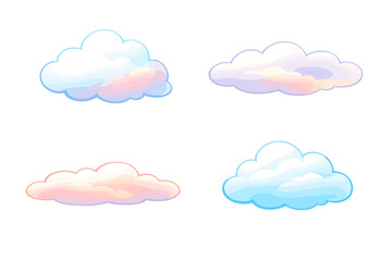 Obraz premium Four stylized pastel clouds in shades of blue and pink are set against a solid black background. These fluffy digital illustrations feature soft gradients and a dreamlike aesthetic.