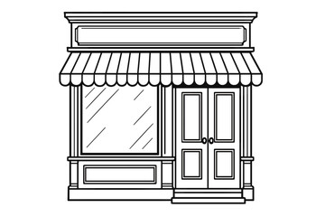 A black and white line art illustration of a classic storefront facade featuring a striped awning, a large display window, and double doors on a plain white background.