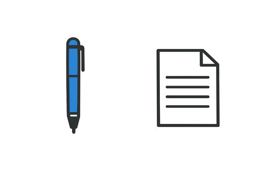 A simple graphic showing a blue ballpoint pen next to a document icon with text lines on a dark background. This image represents writing, documentation, and office work.