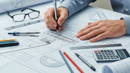 A person working on architectural blueprints with various design tools